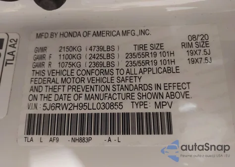 2020 Honda Cr-V Awd Touring z USA, uszkodzony, nr VIN 5J6RW2H95LL030855